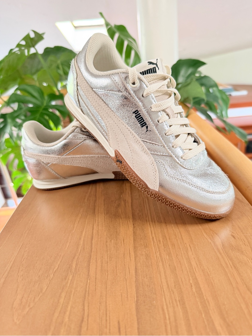 Puma Women's Metallic Silver and Cream Sneakers